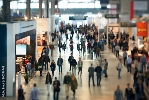 People walking at modern expo, indoor fair exhibition crowd, with bokeh