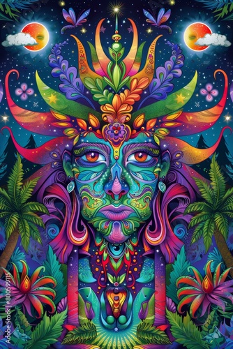 A psychedelic painting of a face with colorful flowers and plants, AI © starush