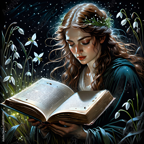 The detailed illustration of an open book and a delicate bouquet of snowdrops against a dark night sky illuminated by fluttering fireflies is a mesmerizing sight to behold. The intricate textures and  photo