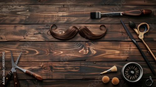 Moustache and beard styling tools on wooden background, flat lay. Space for text  photo