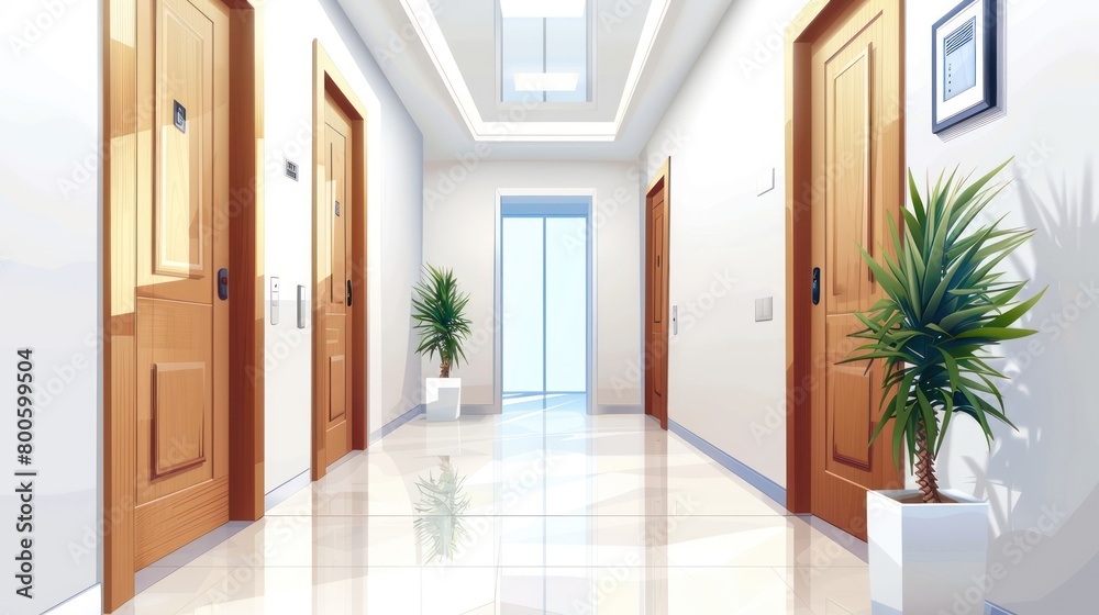 The image shows a sunlit and empty corridor, featuring warm wooden doors and minimalist decor The image shows a sunlit and empty corridor, featuring warm wooden doors and minimalist decor