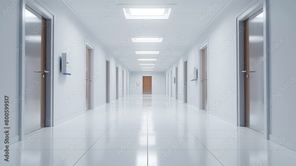 A sleek, modern hospital corridor with reflective white floors and evenly spaced doors suggesting cleanliness and order