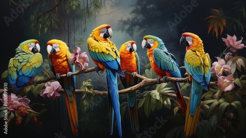 a photo realistic painting of a group of colorful parrots perched on a tropical tree branch