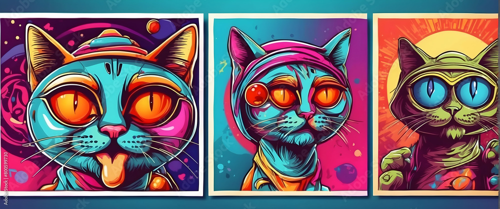 Obraz premium These three psychedelic portraits showcase a cat in various stylish poses, blending pop culture and feline allure with vibrant hues