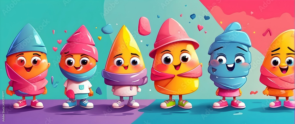 Vibrant and fun group of candy characters with personalities in an abstract world