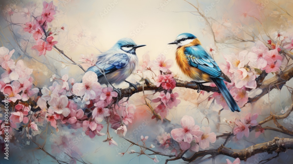 a image intricate watercolor composition portraying a variety of exotic birds perched on blooming branches