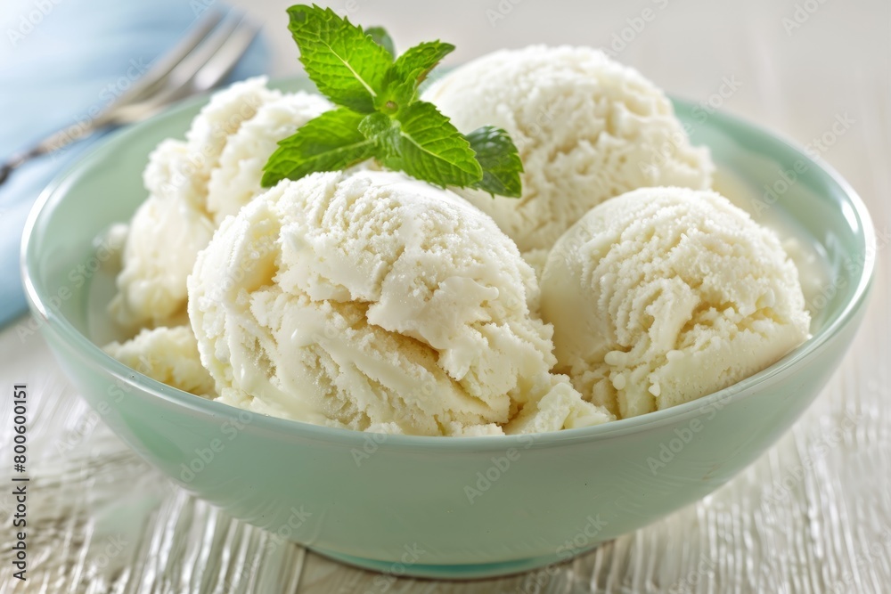 vanilla ice cream balls in a blue bowl on the table. vanilla ice cream balls in a blue bowl on the table.