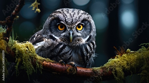 photography of a wise and powerful owl perched on a moss-covered tree branch at twilight photo