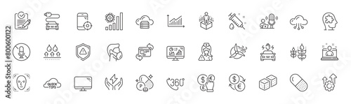 Capsule pill, Money currency and 360 degree line icons. Pack of Waterproof, Safe energy, Windmill turbine icon. Phosphorus mineral, Graph, Seo gear pictogram. Dice, Cloud computing. Line icons. Vector