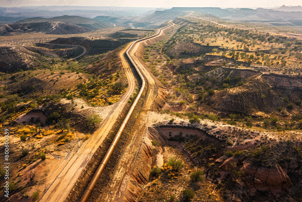 Aerial view of a pipeline snaking through the landscape, a vital artery transporting energy across continents 