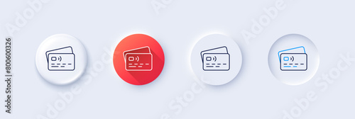 Credit card line icon. Neumorphic, Red gradient, 3d pin buttons. Bank money payment sign. Non-cash pay symbol. Line icons. Neumorphic buttons with outline signs. Vector