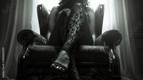 A woman is sitting in a chair with her legs crossed
