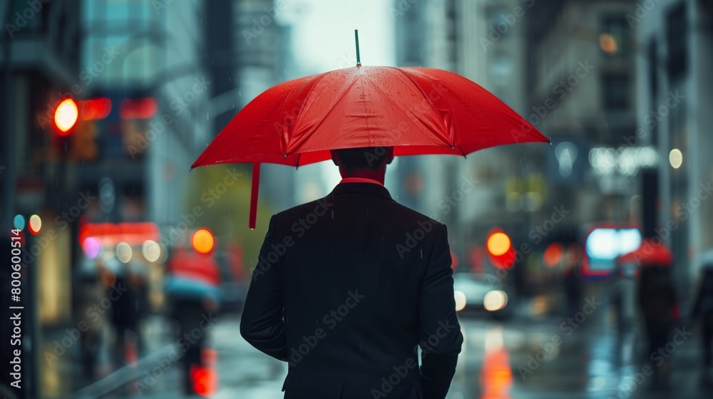 Handsome man in black suit with red umbrella walking in the street in rainy weather