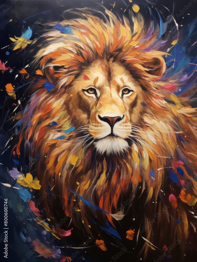 Lion on black background impasto oil painting in impressionism style. Acryl illustration for poster, banner, print. 