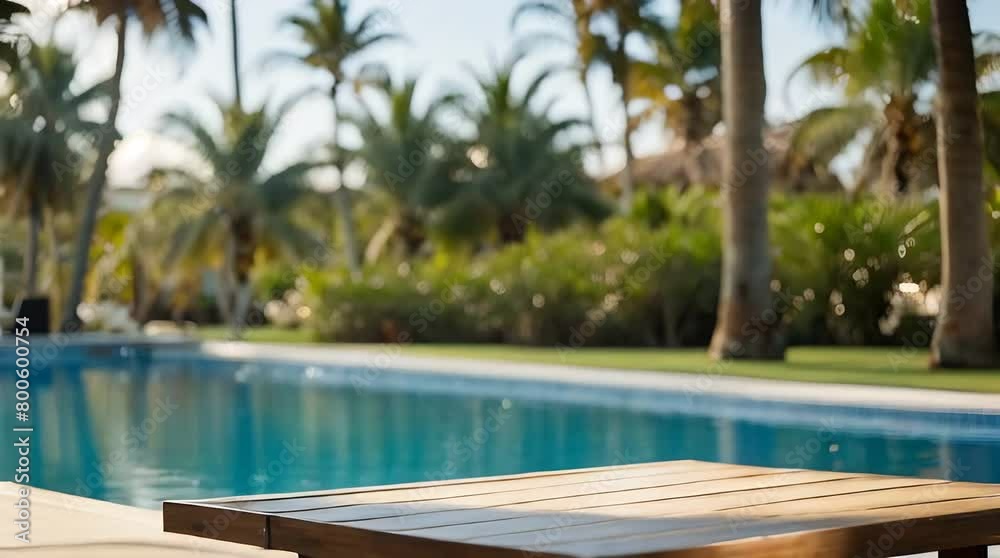 A small empty wood table with a pool and palm trees in the background. 