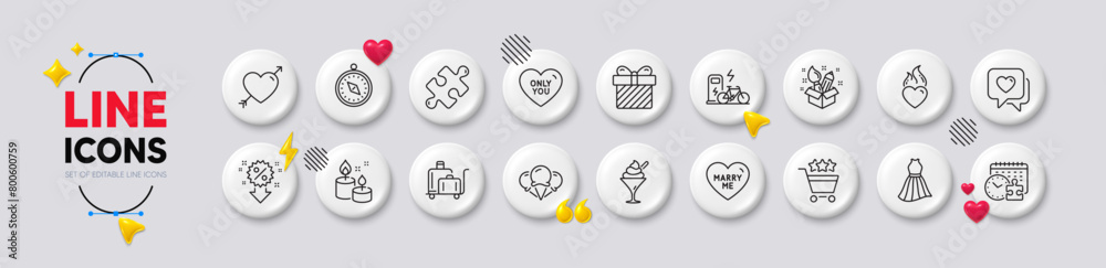 Love, Discount and Electric bike line icons. White buttons 3d icons. Pack of Ice creams, Surprise, Heart icon. Luggage trolley, Travel compass, Dress pictogram. Heart flame, Puzzle, Creativity. Vector Love, Discount and Electric bike line icons. White buttons 3d icons. Pack of Ice creams, Surprise, Heart icon. Luggage trolley, Travel compass, Dress pictogram. Heart flame, Puzzle, Creativity. Vector