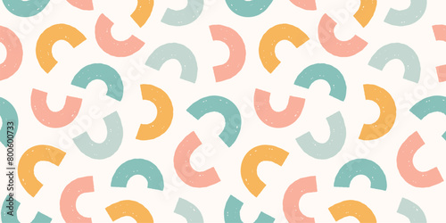 Abstract arch shapes pastel seamless pattern. Scattered basic shapes rainbow squiggle pastel gender neutral background.