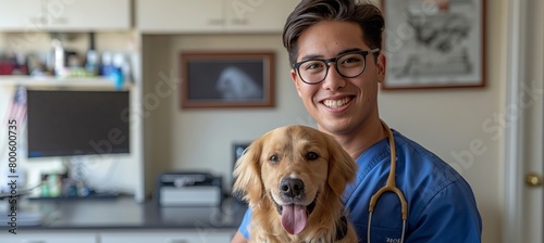 An appealing male vet, clad in blue scrubs and glasses, holds a golden retriever