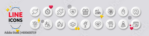 Love, Discount and Electric bike line icons. White buttons 3d icons. Pack of Ice creams, Surprise, Heart icon. Luggage trolley, Travel compass, Dress pictogram. Heart flame, Puzzle, Creativity. Vector