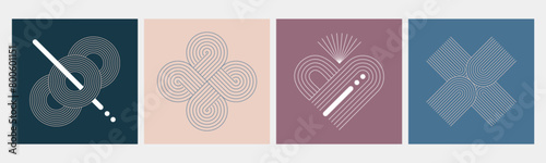 Set of modern minimalist zen arch posters with geometric linear ornament, simple figures of outline strokes. Nordic design wall art decor with boho element of knot, arc, heart, circle. Bohemian covers