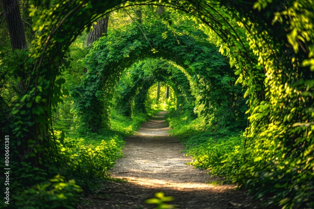 Obraz premium Green Foliage, Mysterious Summer Forest Tunnel, Sunny Path in Dense Vegetation, Copy Space