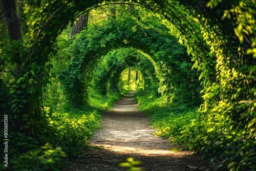 Green Foliage, Mysterious Summer Forest Tunnel, Sunny Path in Dense Vegetation, Copy Space