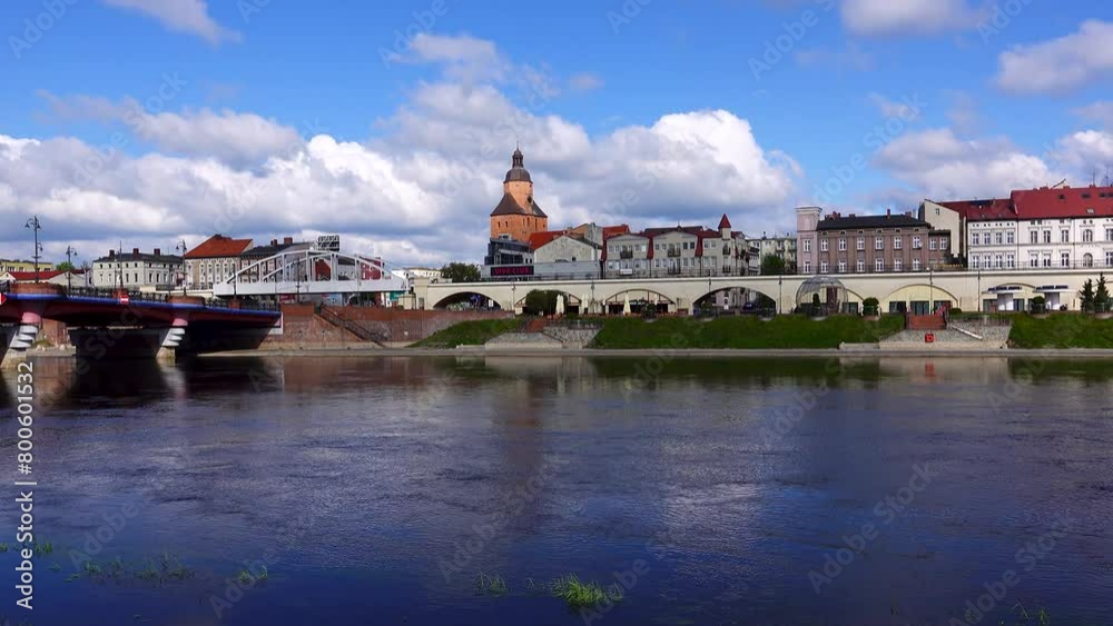 view on Bridge, Old Town, St. Mary church, Railway viaduct, Warta river in Gorzow Wielkopolski. Poland. time lapse view on Bridge, Old Town, St. Mary church, Railway viaduct, Warta river in Gorzow Wielkopolski. Poland. time lapse
