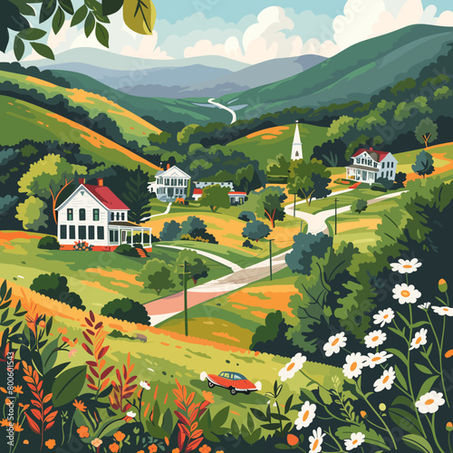 A painting of a rural area with a Virginia road and houses