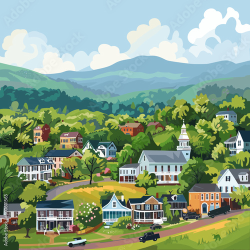A painting of a Virginia with a church and a few houses © whitecityrecords