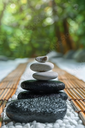 Zen stones in water with reflection  pebble pyramid in bamboo forest symbolizing balance  relaxation and meditation Stack of round smooth stones on a river shore  banner copy space for text design