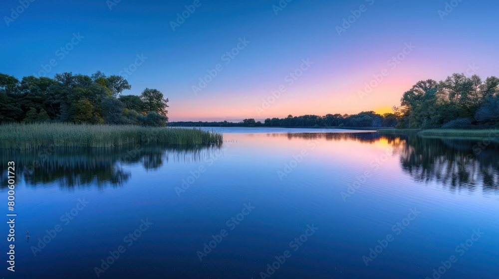 The image shows the tranquil waters of a lake reflecting the subtle colors of sunset with greenery framing the scene The image shows the tranquil waters of a lake reflecting the subtle colors of sunset with greenery framing the scene