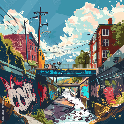 A city street Virginia with graffiti on the walls and a bridge over a river