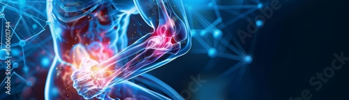 Joint pain is depicted through an innovative overlay of thermal imaging and anatomical diagrams, highlighting inflammation areas, close up hitech concept