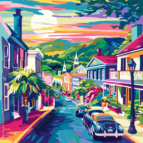 A colorful painting of a city street Virginia with a car and a person walking
