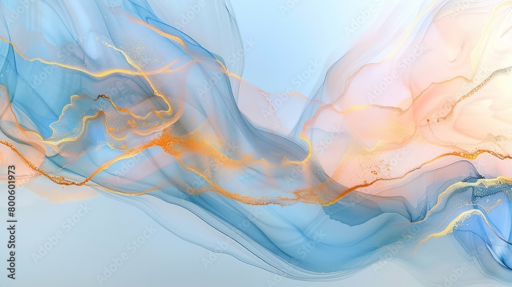 Fototapeta premium Soft blue and peach hues intertwine with gold, evoking a serene and harmonious fluid abstract image