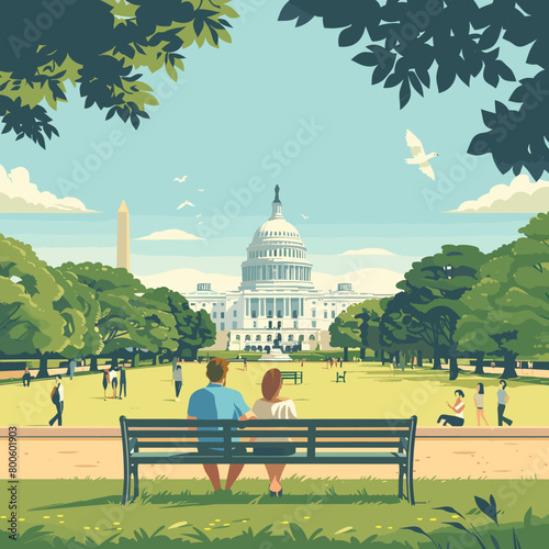 A couple is sitting on a bench in a park next to the White House Washington