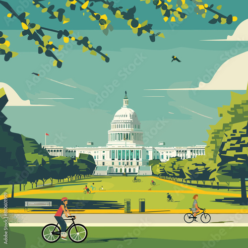 A painting of the White House and the Capitol Washington building with people riding bikes photo