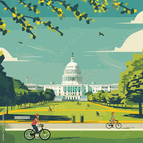 A painting of the White House and the Capitol Washington building with people riding bikes