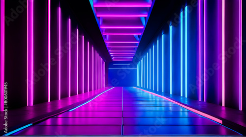 Dark empty room neon light beams, pink, blue, purple, from above color lighten photo