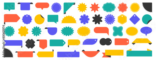 Set of starburst sticker, sale badge, price tag, shopping labels. Empty retro color starburst emblems, callouts, sunburst symbols. Promo tags, special offer design elements of flower, ribbon, corner