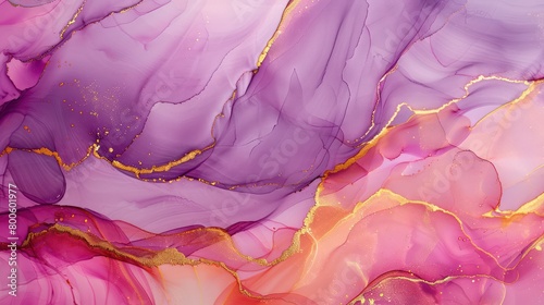 This image features a beautiful fluid pattern with vibrant gold lines meandering across a soft purple canvas