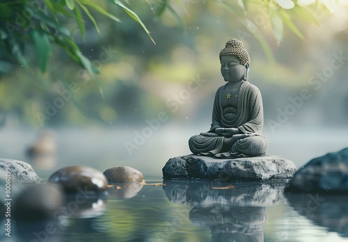 buddha statue on a rock lakeside  natural spa background with Asian spirit  tranquility in green nature  web banner concept with copy space  blurred green nature  pebble sand