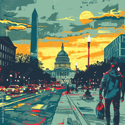 A man walks down a street Washington in front of the Capitol building