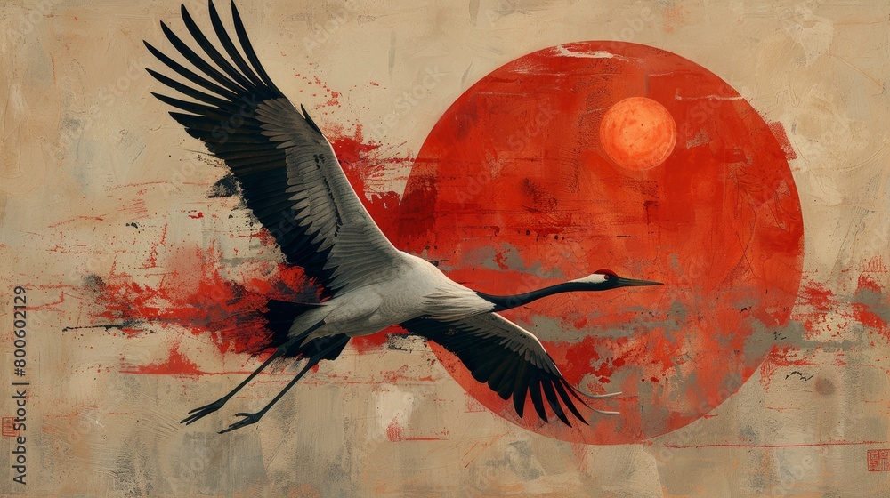 Naklejka premium Crane flying against a red sun in a textured artistic background
