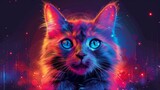 A cat with blue eyes is shown in a colorful painting, AI