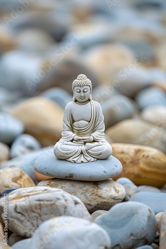 buddha statue on a rock lakeside  natural spa background with Asian spirit  tranquility in green nature  web banner concept with copy space  blurred green nature  pebble sand