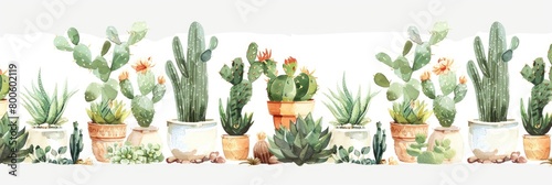 Different types of watercolor cacti and succulents, varying in size and color, in clay pots on a white background.