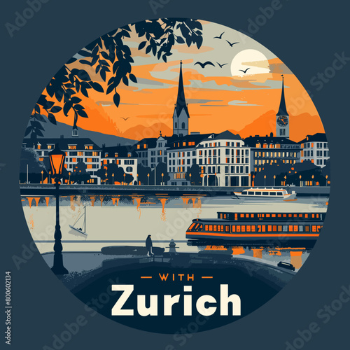 A round poster with a cityscape of Zurich