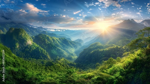Panorama landscape of a lush mountain vista in summer, photography Colorful sun light high detail landscape background