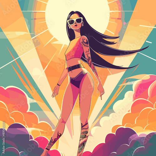 A woman with long hair and tattoos stands in front of a sun with a bright yellow background.